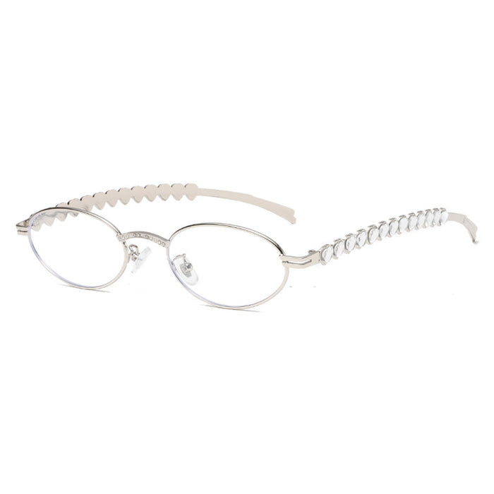 Wholesale Metallic silver small frame oval glasses with heart-shaped diamond inlay