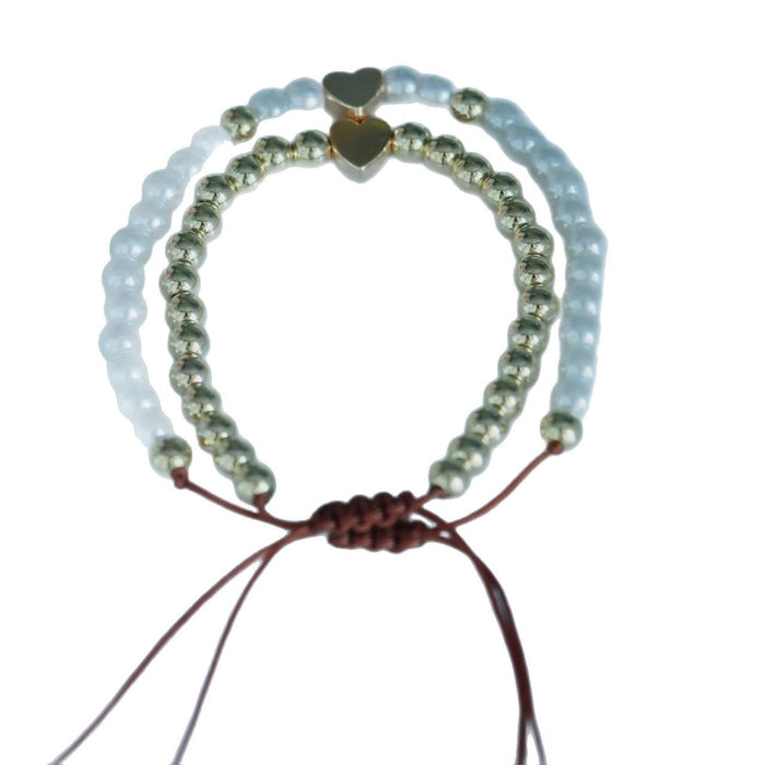 Wholesale Simple imitation pearl metal round bead heart-shaped bead bracelet set with adjustable drawstring bracelet