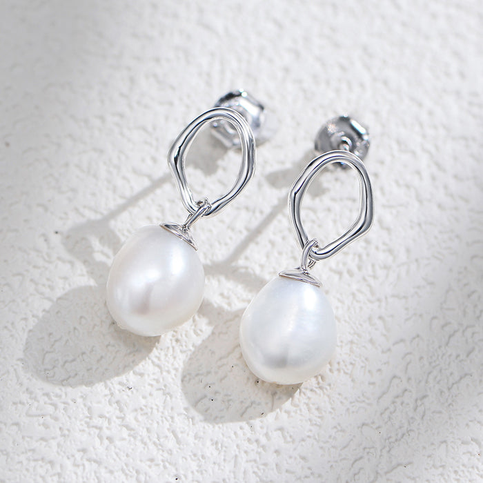 Wholesale S925 Sterling Silver Fashionable Simple Geometric Natural Baroque Pearl Earrings