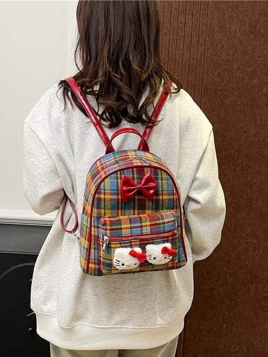 Wholesale Vintage Red Bow Plaid Cute Cat Backpack Bags