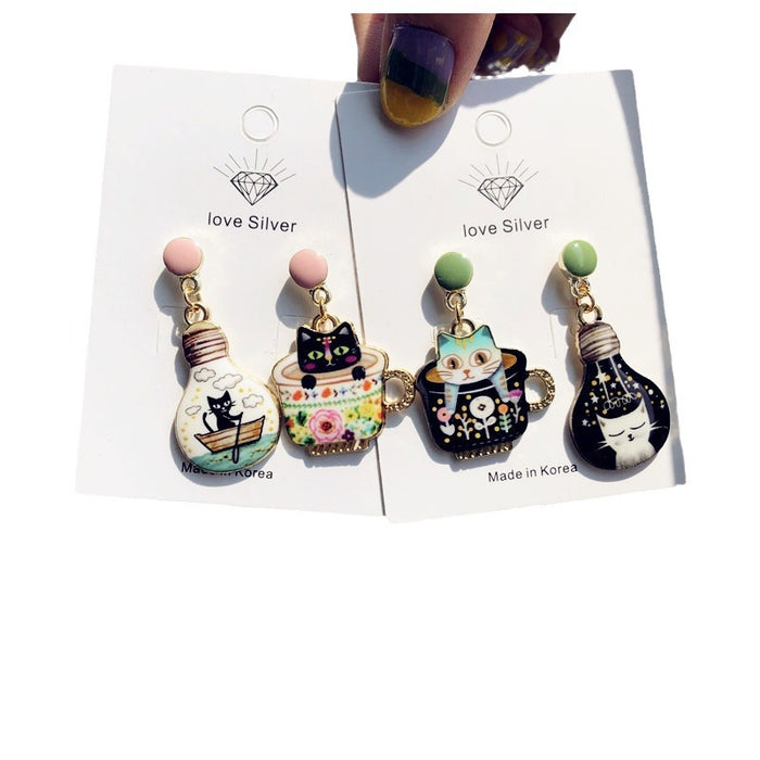 Wholesale Cute Teacup Light Bulb Cat Asymmetric Alloy Earrings JDC-ES-Xingj034