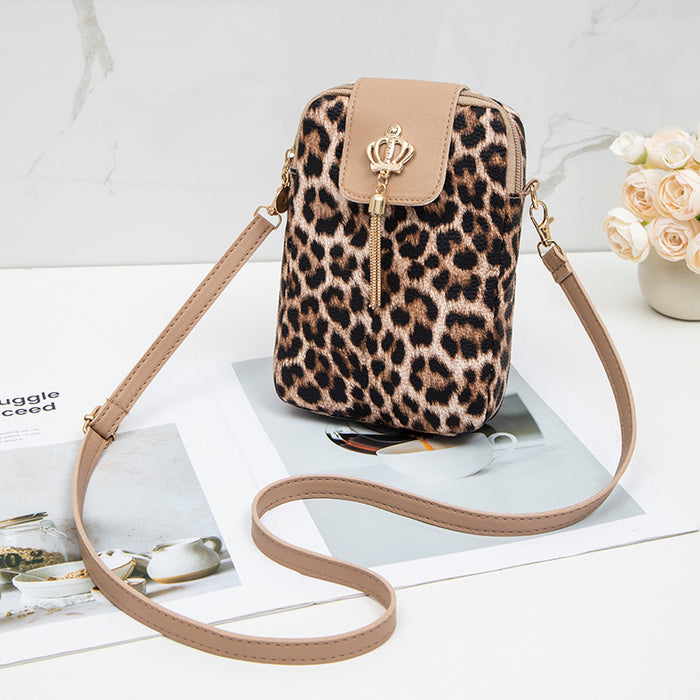 Wholesale Leopard Print Women' s Cell Phone Bag Fashion Crown Charm Embossed Crossbody Bag Shoulder Bag