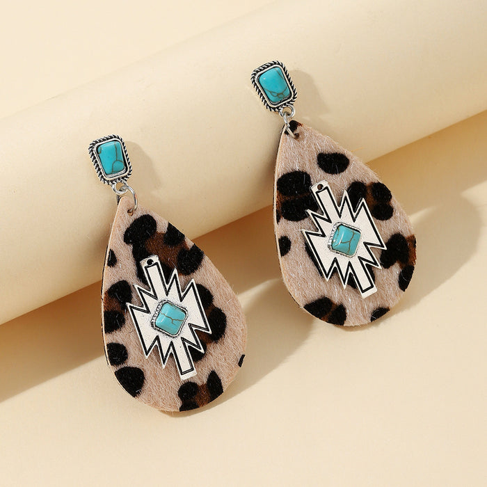 Wholesale Earrings PU Drop Shape Hairy Face Leopard Print Creative Sticky Turquoise JDC-ES-Saip085