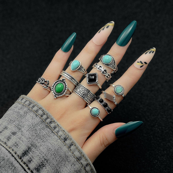 Wholesale Turquoise Carved Feather Ring Set