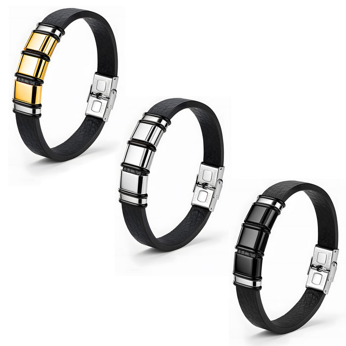 Wholesale Men' s Stainless Steel Bamboo Leather Bracelet Accessory