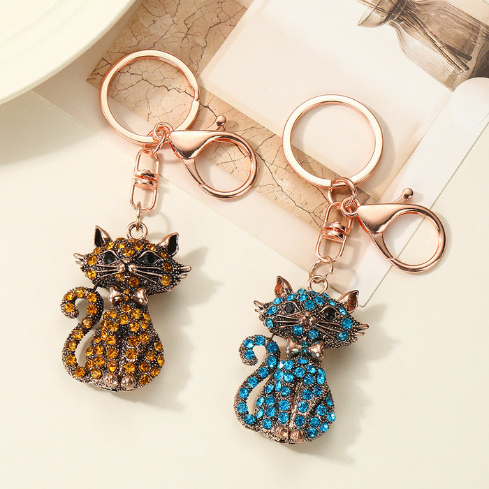 Wholesale Zinc Alloy Gold Bronze Cat Keychain Rhinestone Design Stylish Bag Charm Car Key Accessory