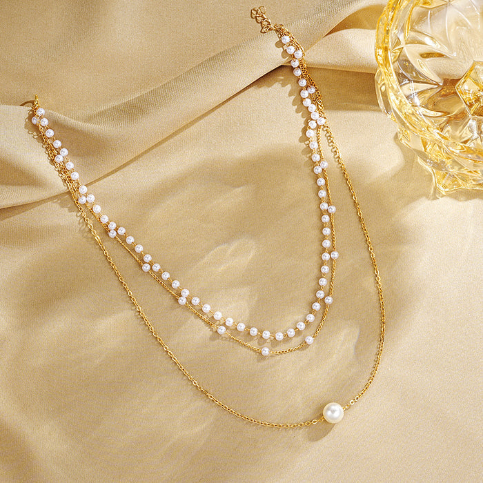 Wholesale Jewelry Fashion Pearl Chain Pendant Three-layer Necklace  Women