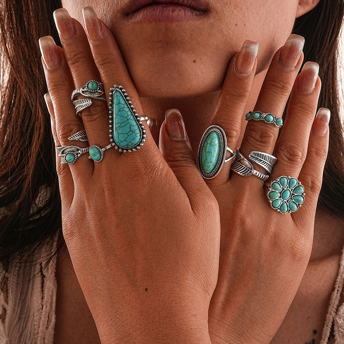 Wholesale Ethnic Style Retro Turquoise Carved Feather Ring Fashionable and Personalized 8-Piece Combination Ring Set