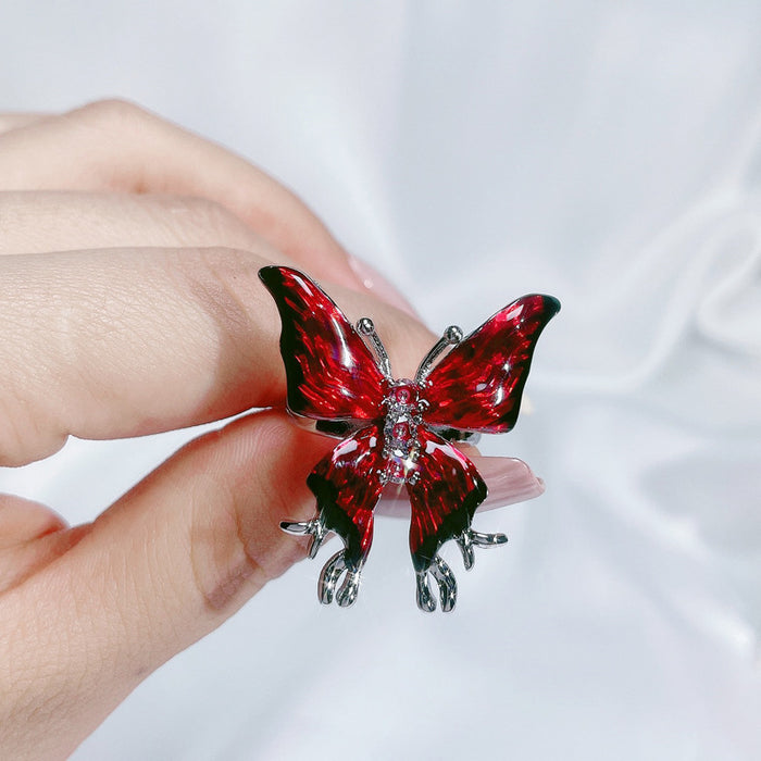 Wholesale Copper Red Enamel Drop Glaze Butterfly Open Ring For Women Stylish Geometric Design Jewelry Accessory Boutique Gift