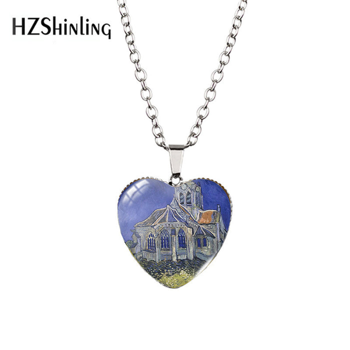 Wholesale Heart-shaped Necklace Van Gogh Starry Moon Night Sunflower Love Time Gem Pendant Sweater Chain