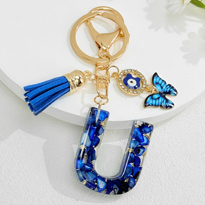 Wholesale Royal Blue 26 Letter Keychain with Evil Eye Butterfly Tassel Pendant
