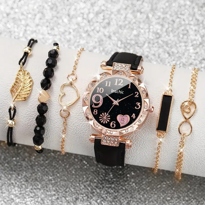 Wholesale Women's Diamond Studded Dial Belt Quartz Watch Bead Bracelet Set Watch JDC-WH-Xilu003