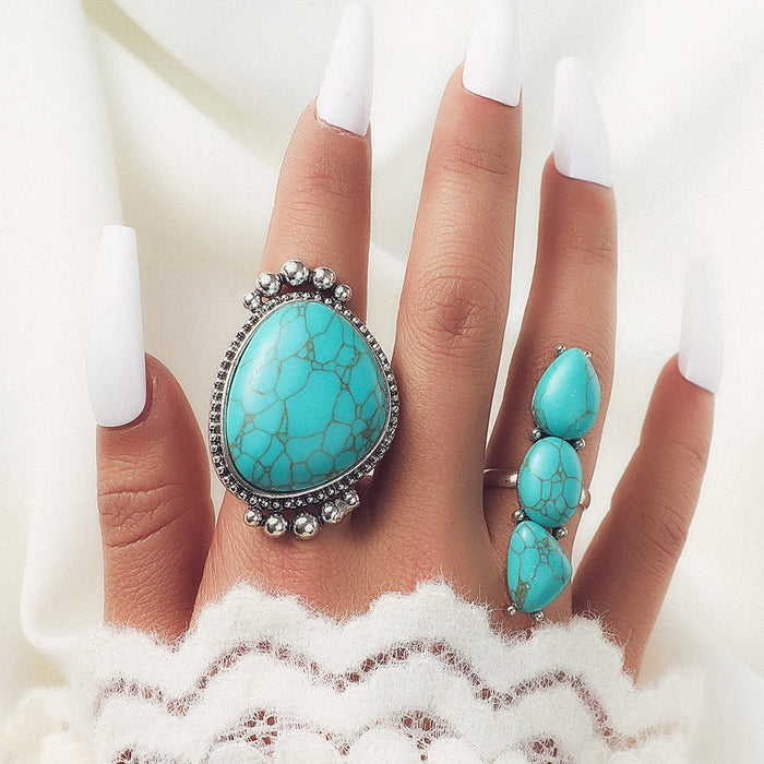 Wholesale Ethnic Style Retro Turquoise Carved Feather Ring Fashionable and Personalized 8-Piece Combination Ring Set