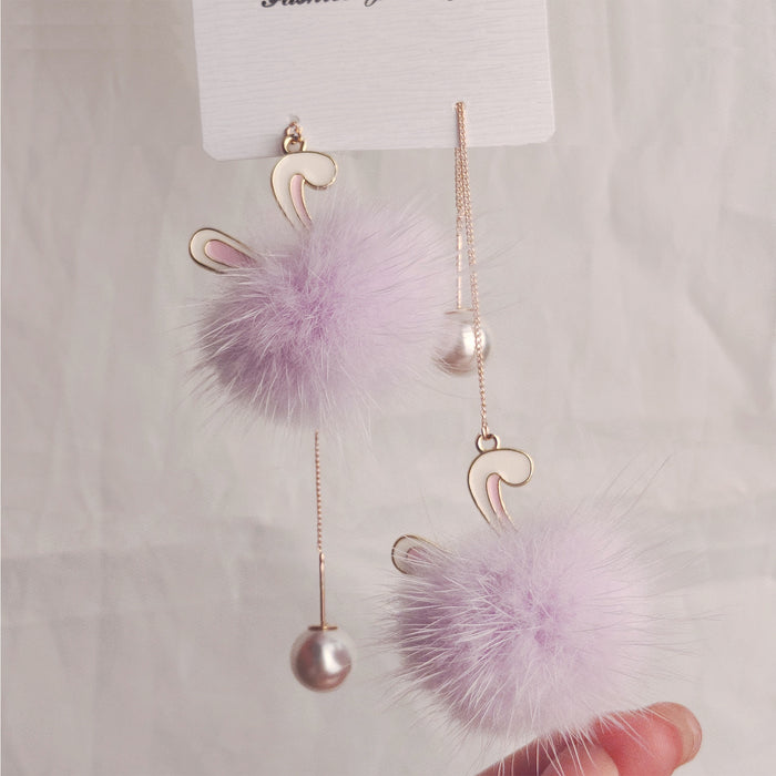 Wholesale Cute  Rabbit Mink Hair Ball Long Earrings Tassel Plush Earrings