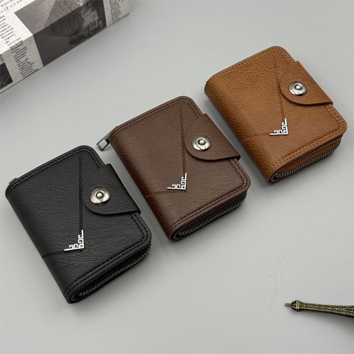 Wholesale PU Men' s Wallet - Car ing Line Large Capacity Solid Black MOQ≥2