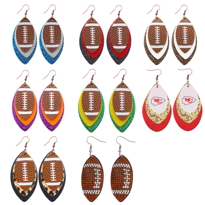 Wholesale Sporty Rugby Brown Leopard Leaves Three-layer Leather Diamond Rugby Earrings