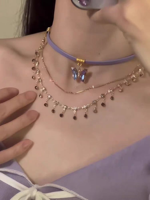 Wholesale Butterfly tassel necklace, double-layer layered versatile heart pendant, collarbone chain