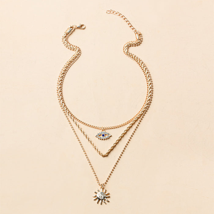 Wholesale Personalized Devil's Eye Sun Pendant Multi layer Electroplated Alloy Necklace