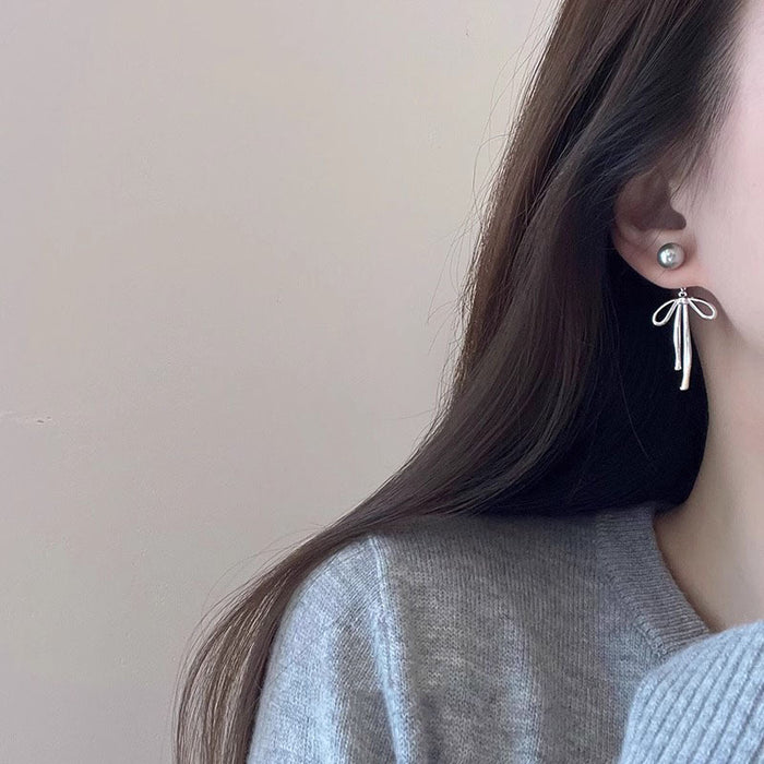 Wholesale  bowknot Gray Pearl long earrings  women one two-piece earrings without piercing  ear clip