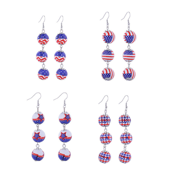 Wholesale American Independence Day Colorful Printed Flag Wooden Beads Long Round Bead Pendant Earrings JDC-ES-ChouTteng018