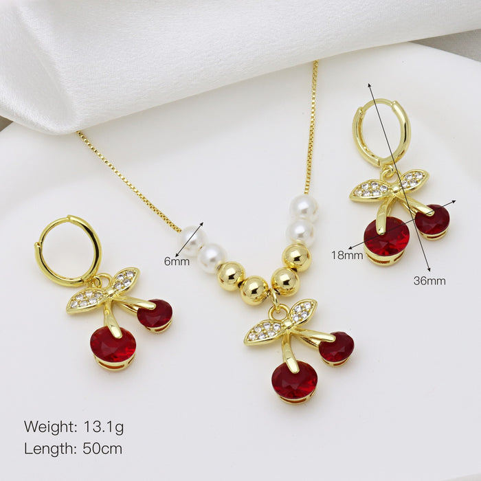 Wholesale Cherry Fruit with Color Zirconium Earrings Necklace Combination suit Copper Beads with Pearl