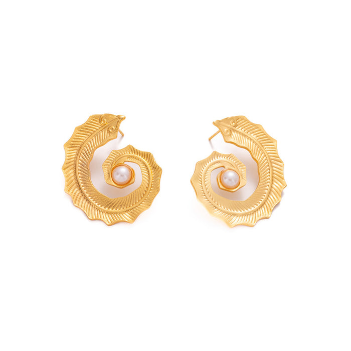 Wholesale Retro conch pearl titanium steel earrings with simple spiral texture, light luxury, fashionable personality, trendy earrings