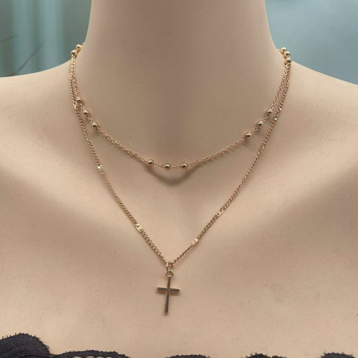 Wholesale Fashionable double-layer stacked cross pendant necklace, personalized metal necklace