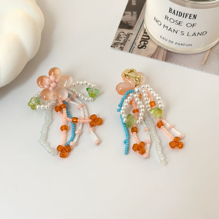 Wholesale Romantic Flower Earrings with tassels, no ear holes, ear clips