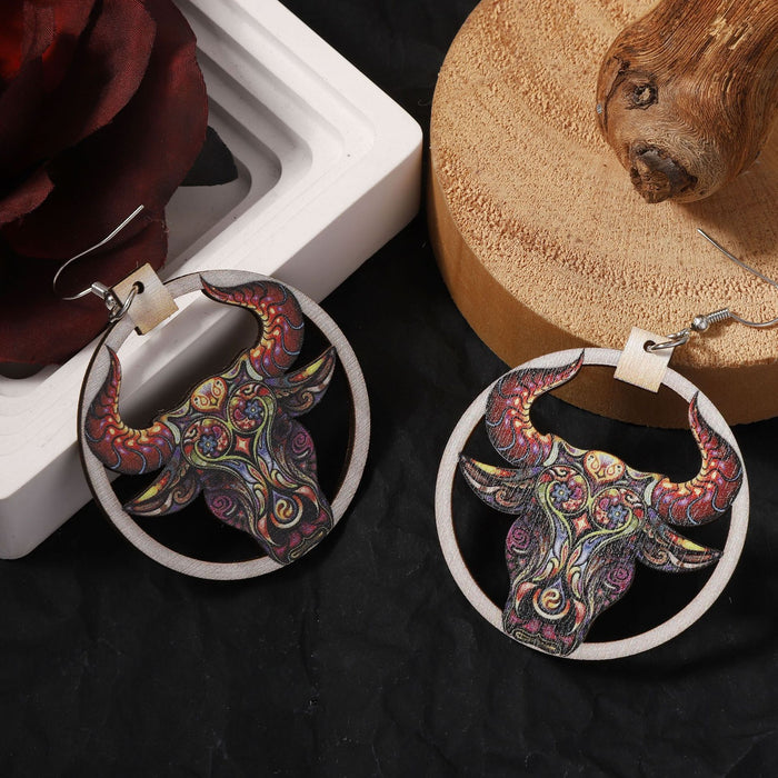 Wholesale Western Denim Style Printing Wooden Creative Farm Highland Cattle Ear Drop