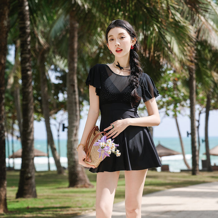 Wholesale New black skirt style one-piece swimsuit, plus size, conservative and high-end, covering the belly and slimming, hot spring swimsuit