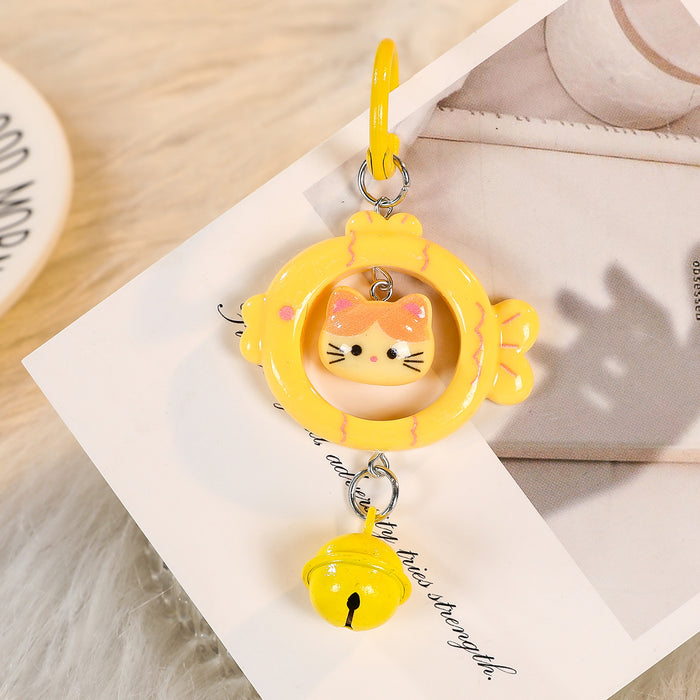 Wholesale Cartoon Cat Eating Fish 3D Keychain With Bell Blue Plastic Key Ring Fashion Bag Charm Accessory