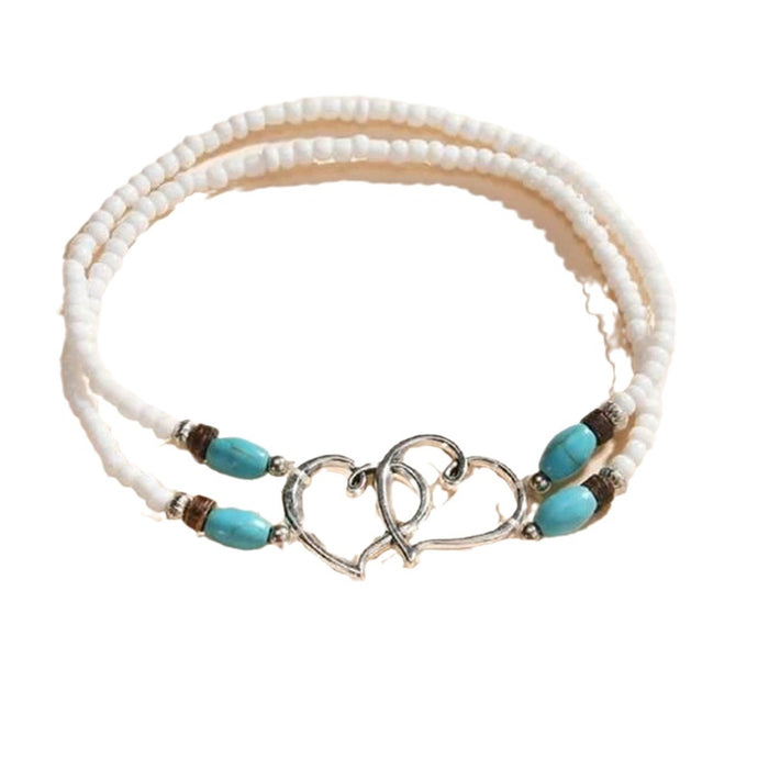 Wholesale Beach Vacation Style Double Heart Beaded Jewelry Set Alloy Necklace and Bracelet MOQ≥2