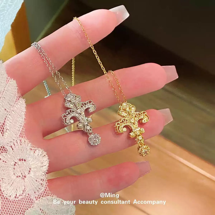 Wholesale Titanium Steel Tassel Cross Necklace for Women Luxury Inlaid long necklace Jewelry