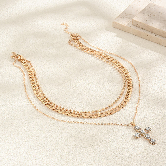 Wholesale Trendy cross necklace, light luxury, niche diamond inlaid pendant, personalized layering, high-end sweater chain