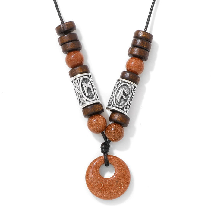 Wholesale Viking symbol necklace with stone pendant safety clasp and wooden beads