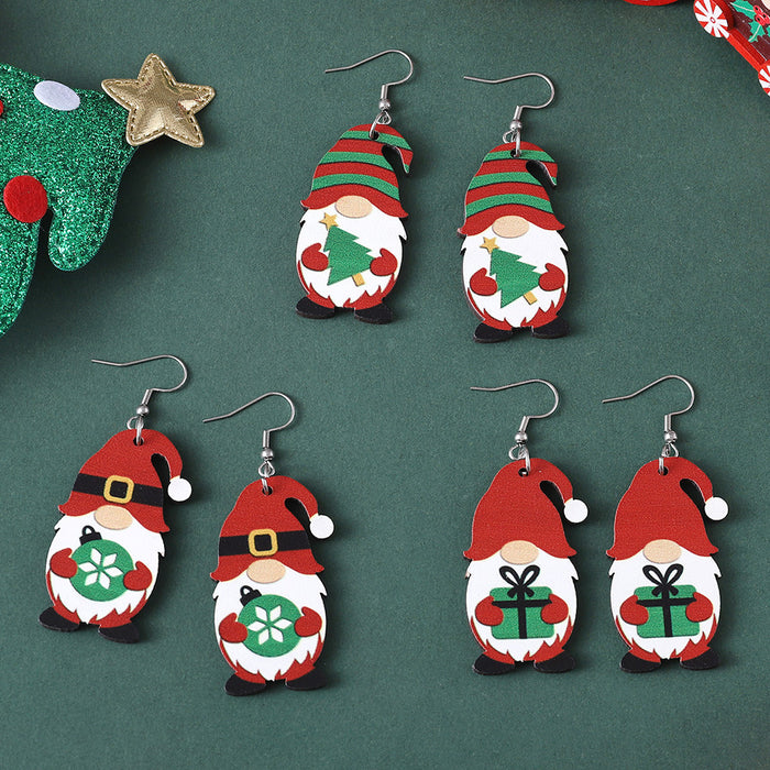 Wholesale Christmas Cute Dwarf Christmas Tree Pendant Earrings Wooden Double-sided Earrings Christmas Gift