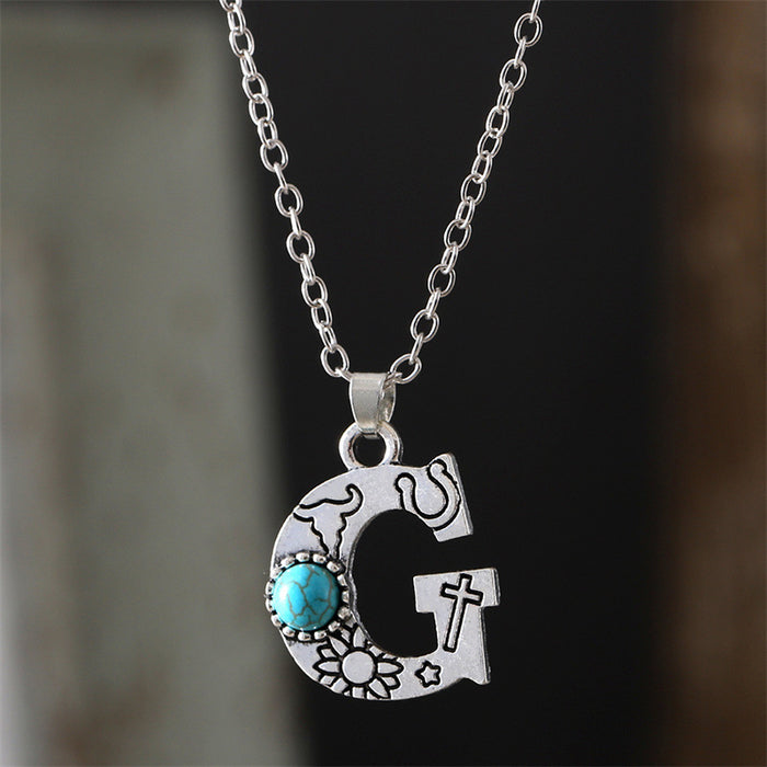 Wholesale 2pcs Retro 26 English Letter Turquoise Necklace