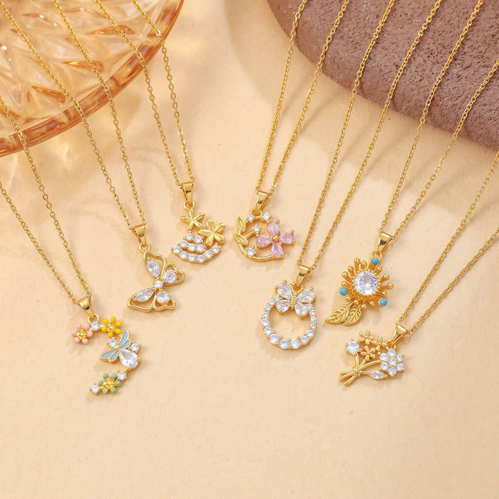 Wholesale Flower Butterfly Pendant Necklace Titanium Steel Gold Plated Jewelry Accessory