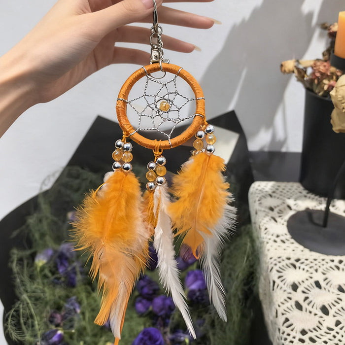 Wholesale Handmade Red Feather Dreamcatcher Keychain Nordic Style Couple Gift