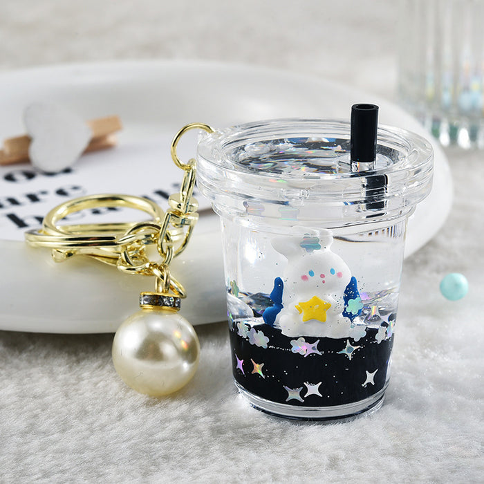 Wholesale Black and gold glitter bottle milk tea cup oil-filled acrylic keychain