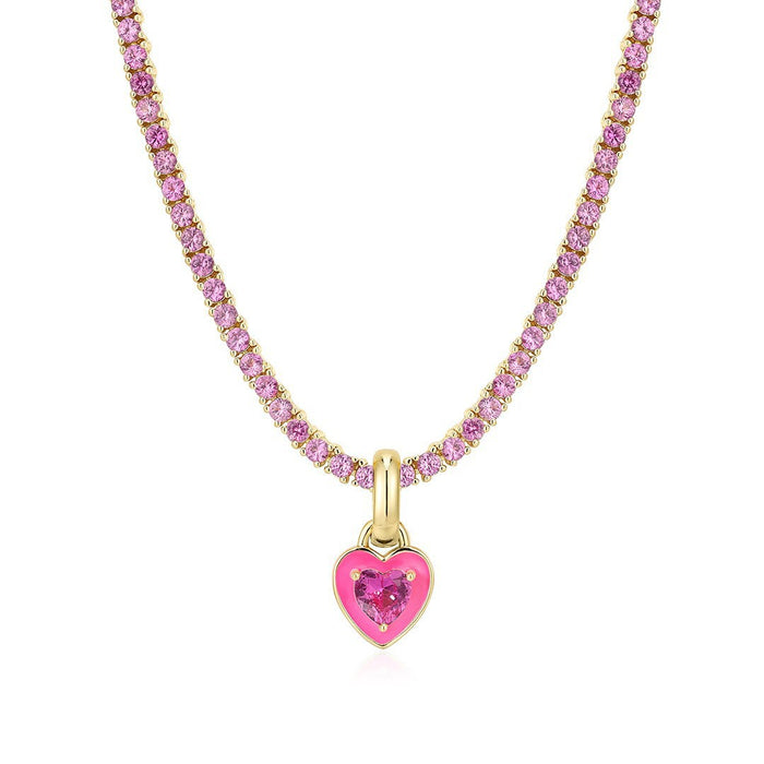 Wholesale Titanium steel tennis chain with colored zircon heart pendant necklace
