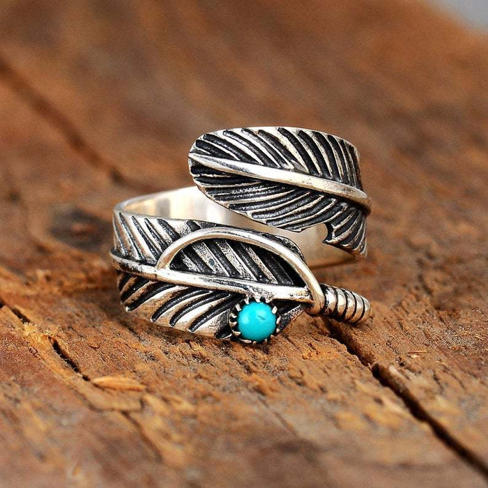 Wholesale Pine stone ring, fashionable vintage feather ring, men's and women's style, open mouth Thai silver ring