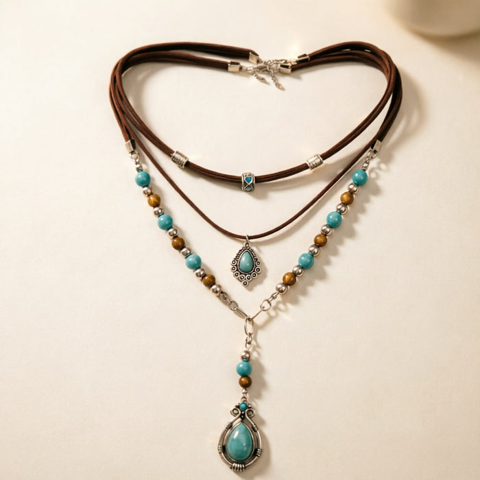 Wholesale Vintage Turquoise Beaded Collarbone Necklace Set Ethnic Heart Bull Head Pendant Layering Jewelry Gift