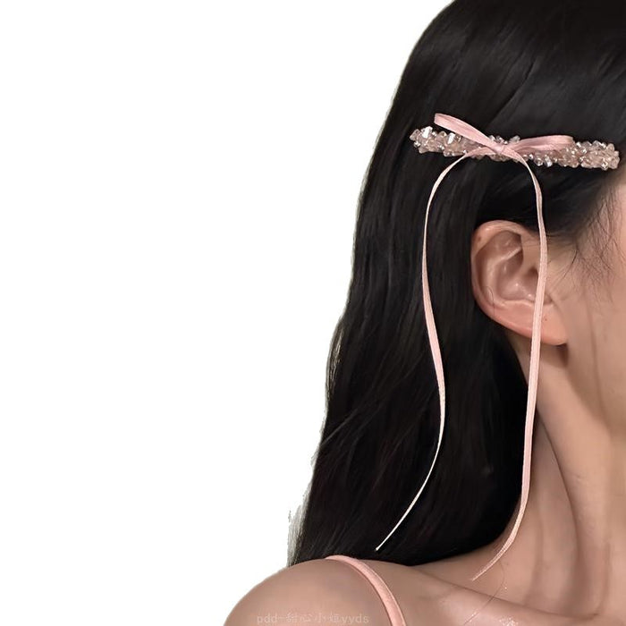 Wholesale Pink Sweet Diamond Hairpin Bow Ribbon Side Clip Hairpin