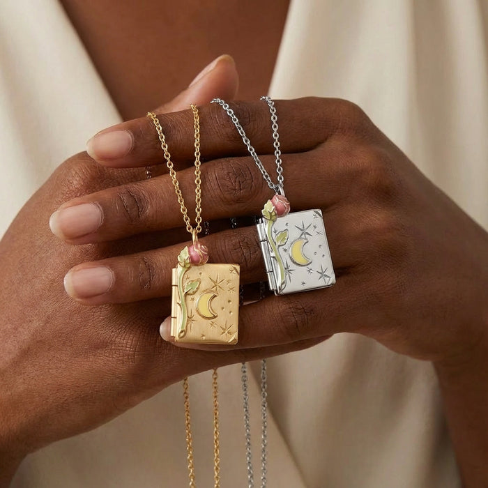 Wholesale Gold and Silver Star and Moon Three-Dimensional Rose Book Necklace Retro Openable Pendant Photo Box