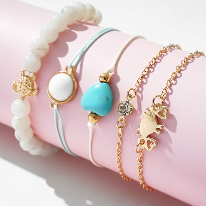 Wholesale 2pcs Retro Heart Turtle Turquoise Beads 5-Piece Set Bracelet