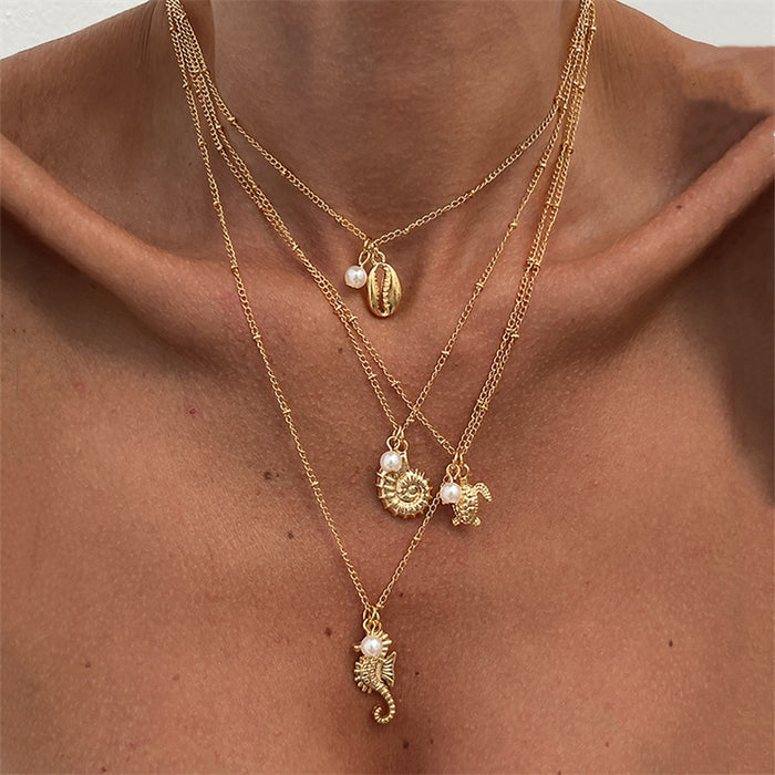 Wholesale Starfish Shell Conch Pendant Pearl Necklace Multi-layer Stacked Necklace Women