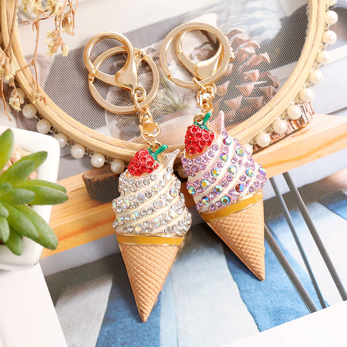 Wholesale Rhinestone Fruit Strawberry Ice Cream Alloy Keychain JDC-KC-ChaoK044