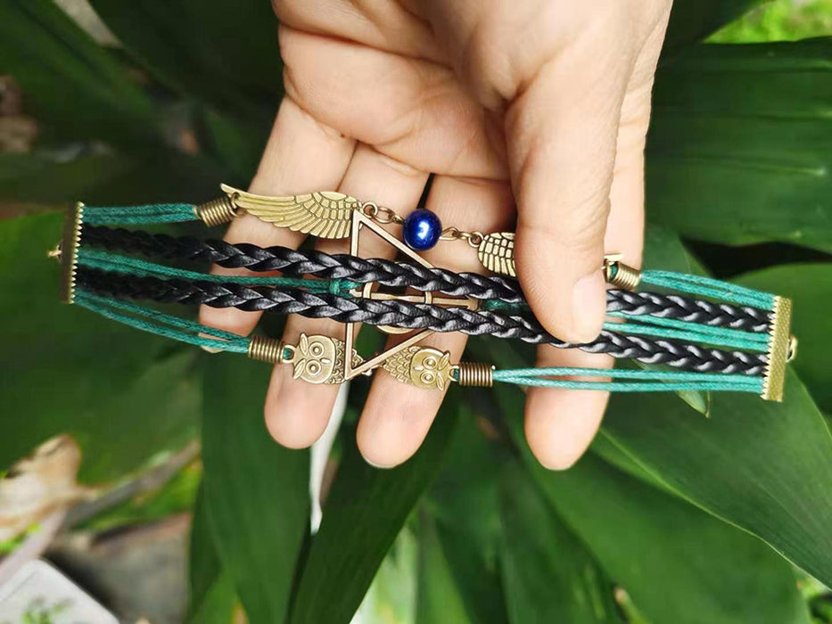 Wholesale Wax rope alloy owl triangle angel wing bracelet