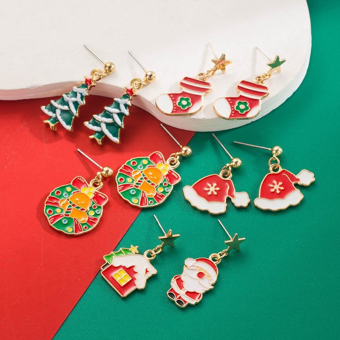 Wholesale Christmas Alloy Drip Oil Earrings - Tree & Gingerbread Man Motif